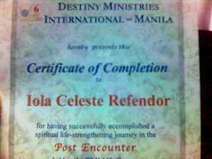 My certificate after successfully finishing the Encounter weekend.